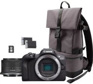 Aparat Canon EOS R100 + RF-S 18-45 mm f/4.5-6.3 IS STM + plecak + karta SD 32 GB + zapasowy akumulator LP-E17