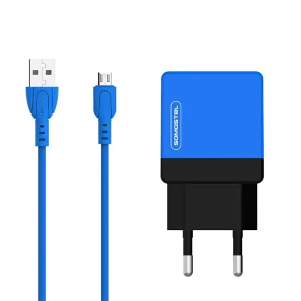 Ładowarka sieciowa DUAL USB 2A Somostel niebieska + kabel Micro USB
