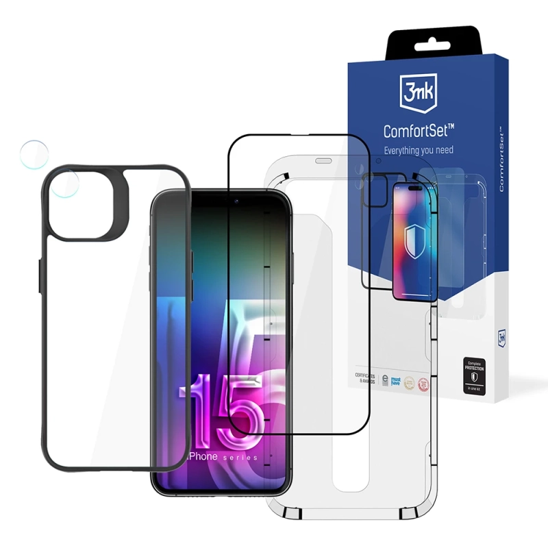 Zestaw do ochrony iPhone 15 Pro - 3mk Comfort Set 4 in 1