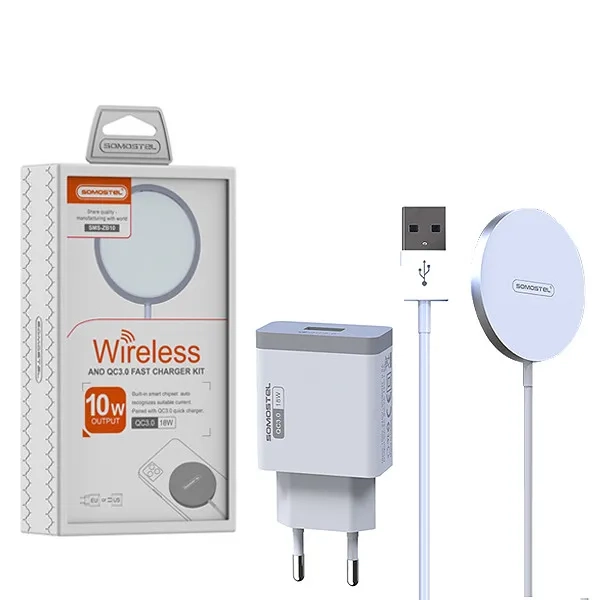 Ładowarka bezprzewodowa indukcyjna Somostel SMS-ZB10 USB QI 2A 18W QC3.0 Magsafe biała