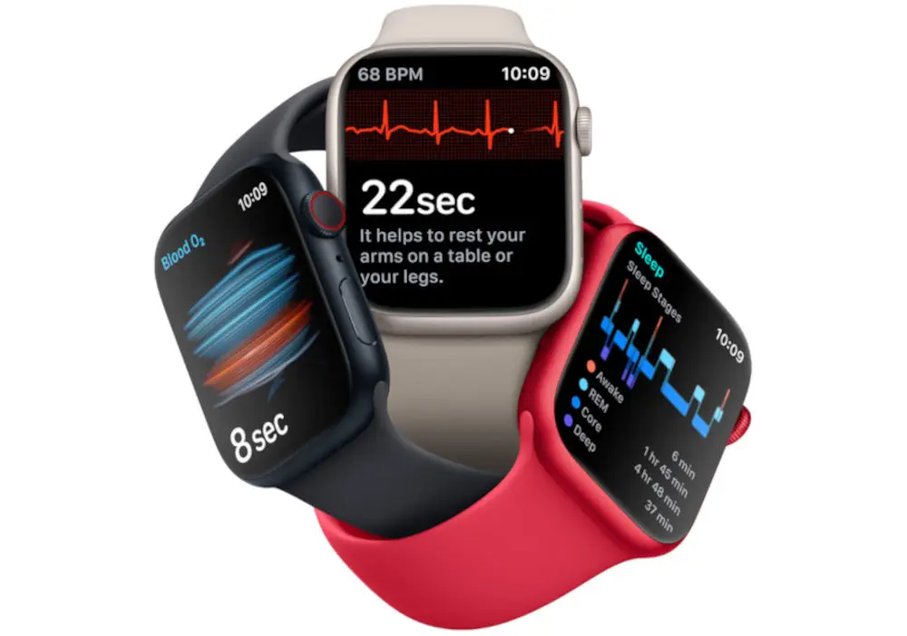 Apple Watch Series 8 LTE z kopertą 45 mm z aluminium w kolorze księżycowa poświata z paskiem sportowym w kolorze księżycowa poświata