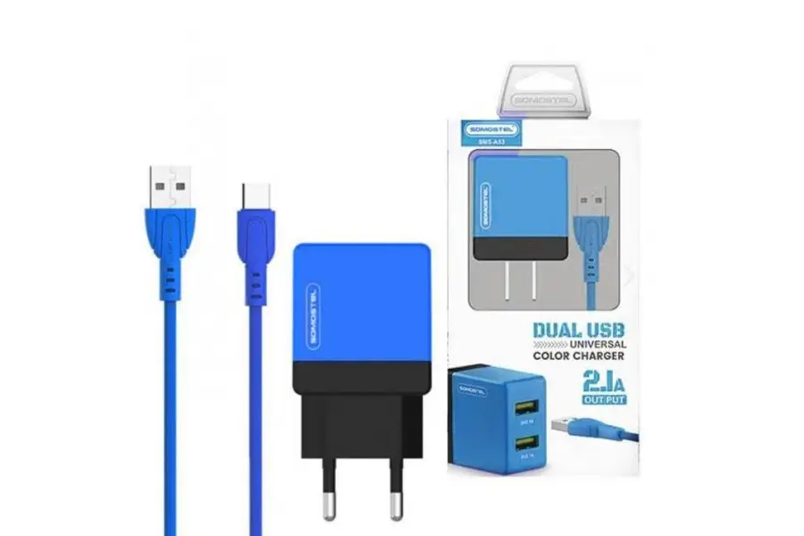 Ładowarka sieciowa Somostel S Dual USB 2.1A + kabel USB-C niebieska