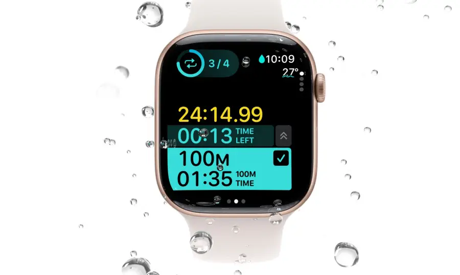 Apple Watch Series 10 GPS z kopertą 46 mm z aluminium w kolorze różowego złota z opaską sportową w kolorze dojrzałej śliwki