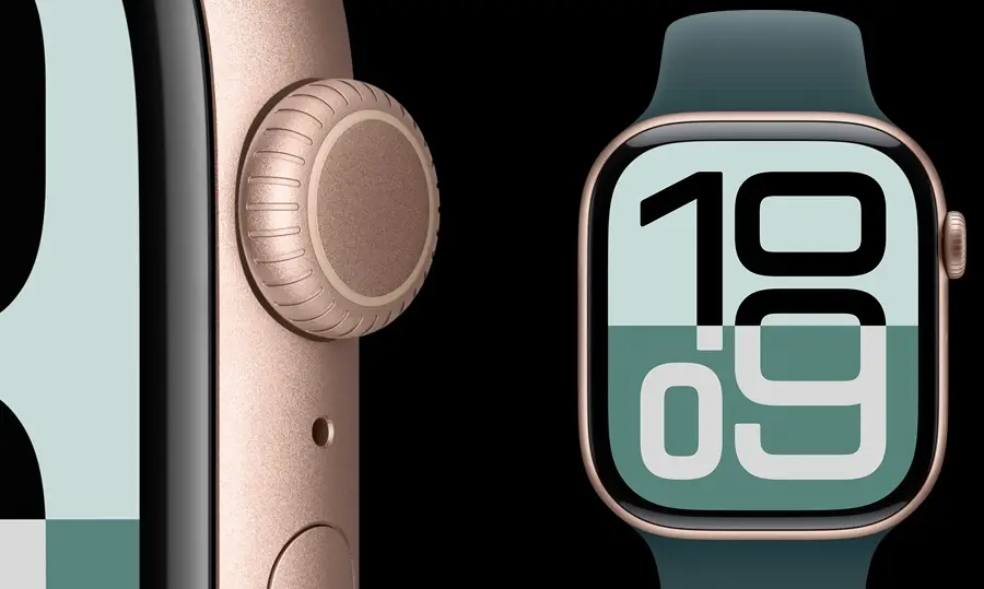 Apple Watch Series 10 GPS z kopertą 46 mm z aluminium w kolorze różowego złota z opaską sportową w kolorze dojrzałej śliwki